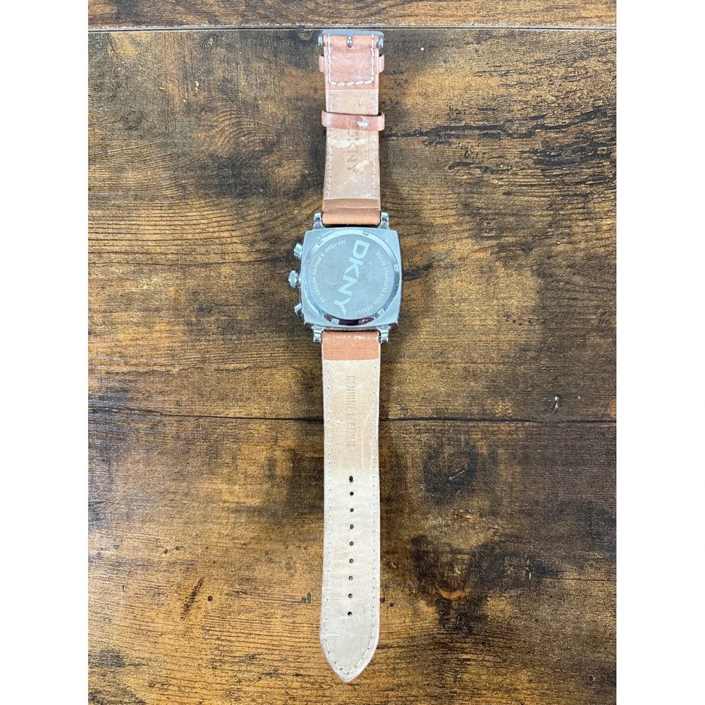 DKNY NY-1080 Chronograph Watch Square Stainless Steel Tan Leather Strap Silver